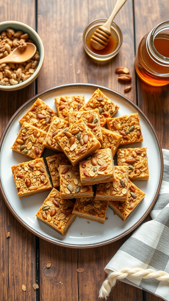 Homemade nutty snack bars with nuts and seeds on a rustic table.